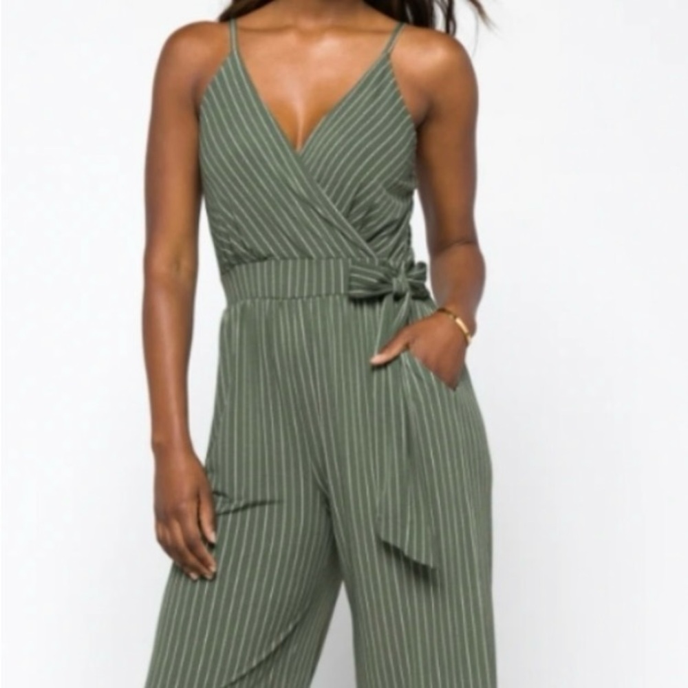 Kaileigh Olive Pinstripe Jumpsuit